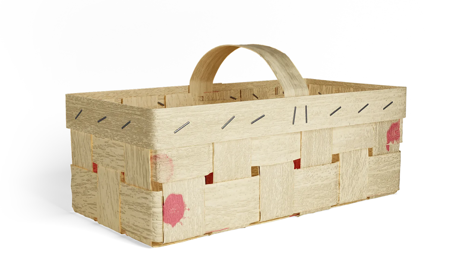 A woven wooden basket with a handle, featuring strawberry stains and visible staples on the sides.