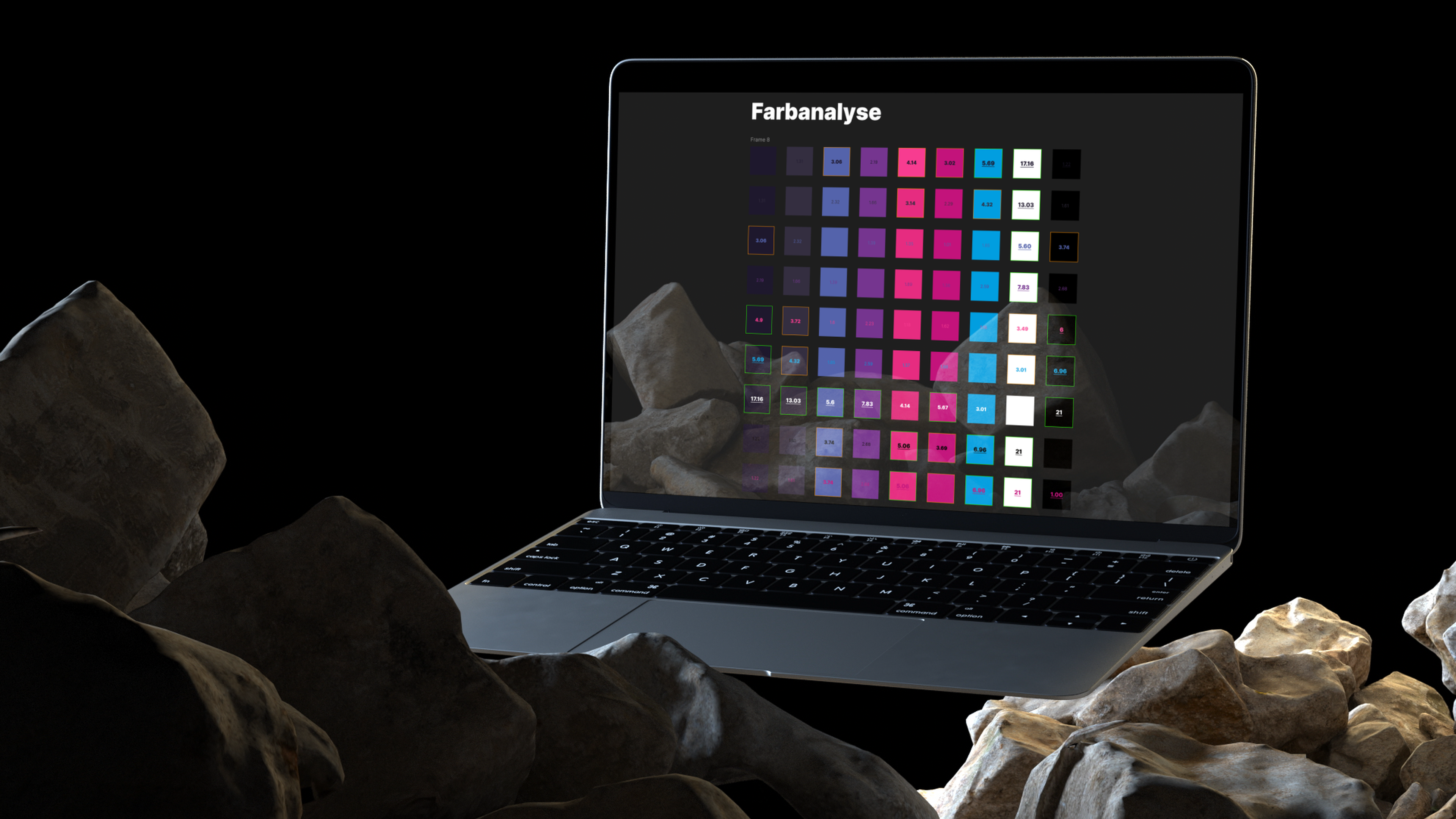 Ein Laptop im dunklen Raum zeigt die Analyse einer Farbpalette.