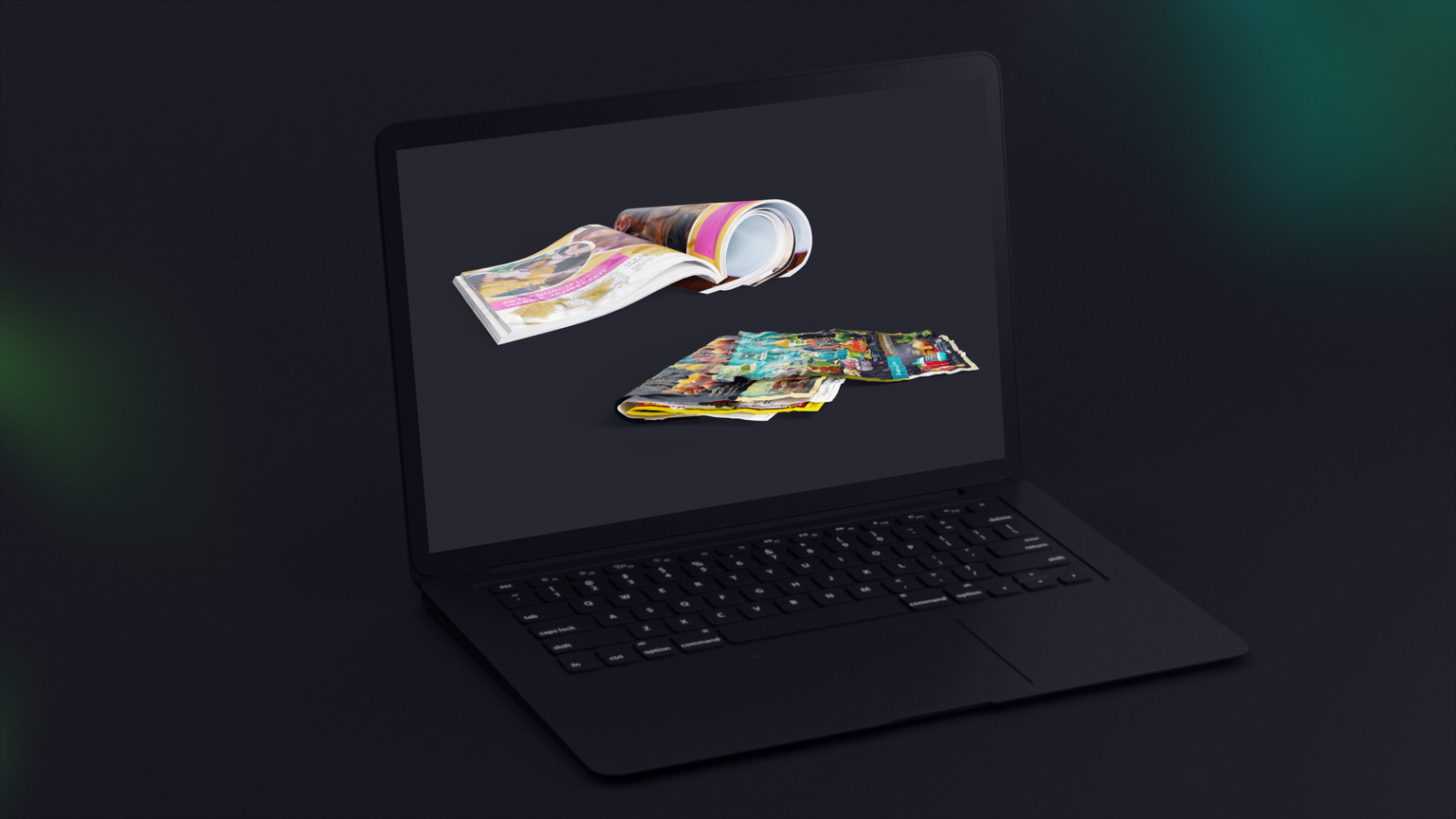 A laptop displays images of colorful magazines, one rolled and others open, against a dark background.