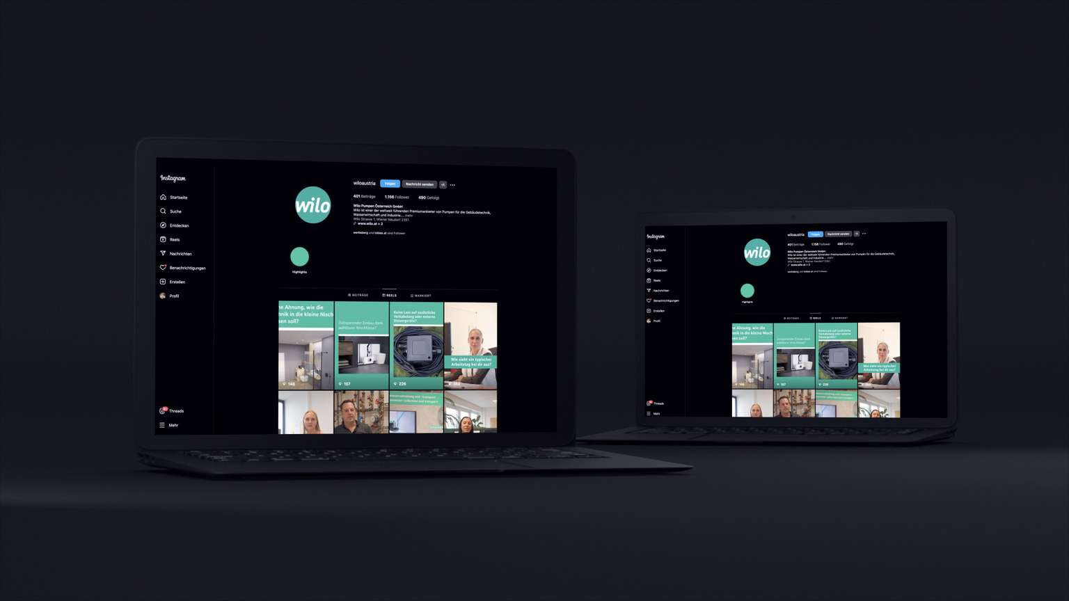 Bildschirme zeigen das Social Media Profil von Wilo.