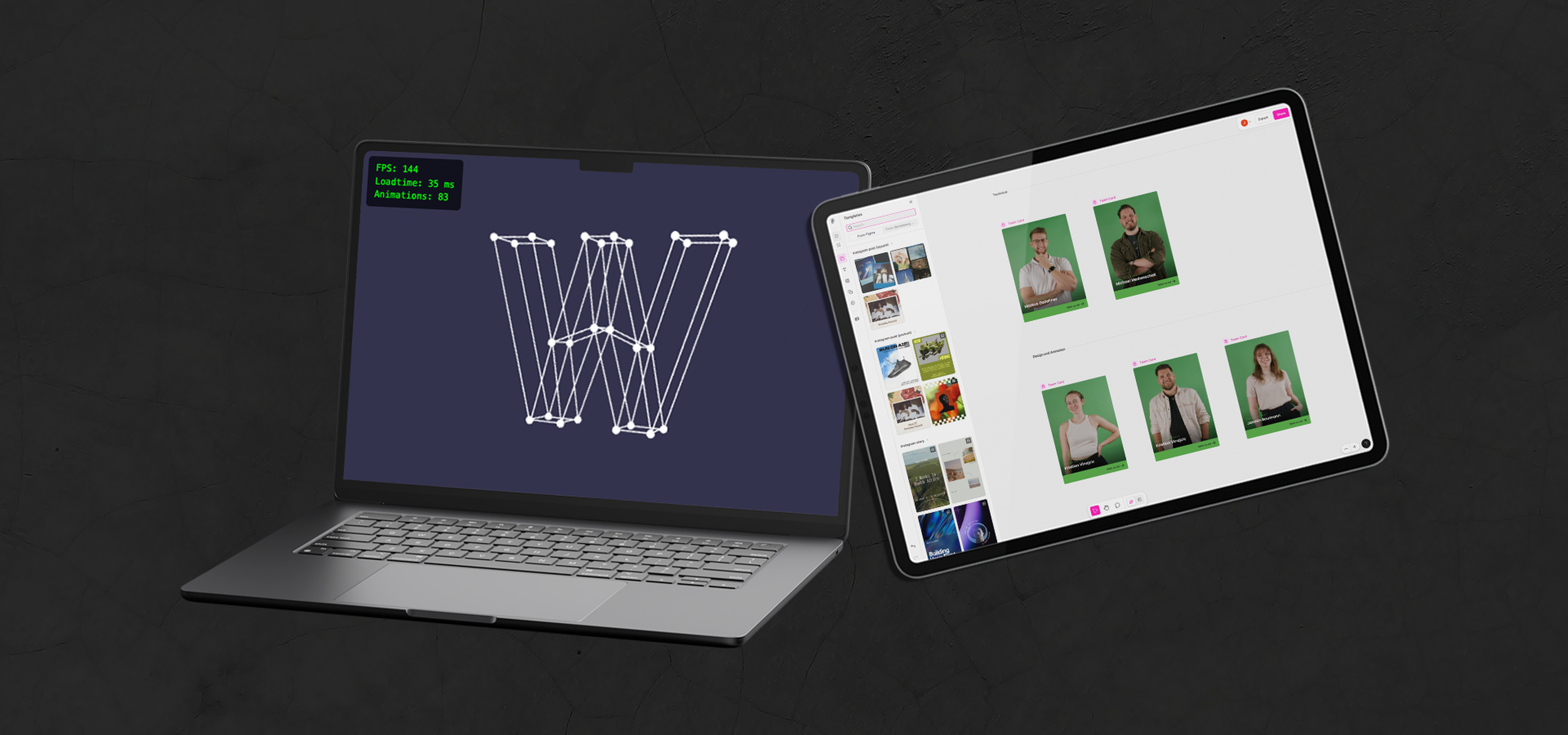 Laptop mit Leistungstest für 3D Upload und Tablet mit Mockup von Figma Buzz.