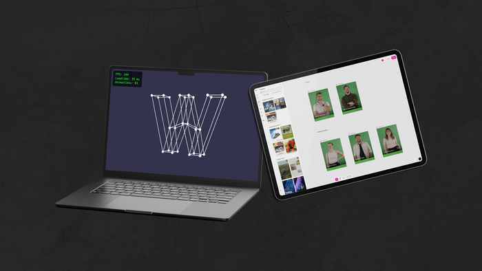 Laptop mit Leistungstest für 3D Upload und Tablet mit Mockup von Figma Buzz.