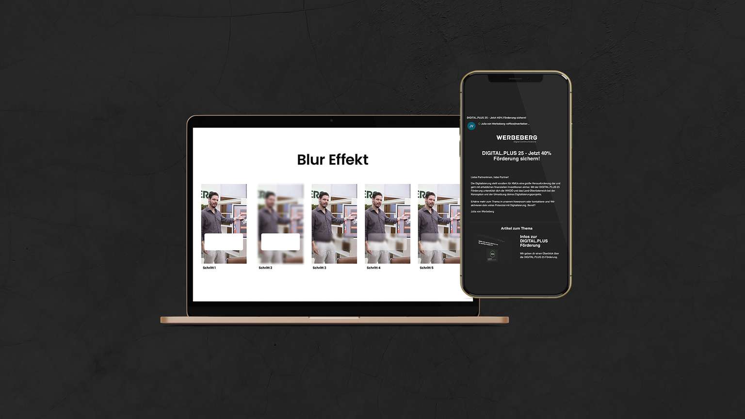 Ein Laptop zeigt wie eine Glas Optik in Adobe Illustrator erzielt werden kann und ein Handy zeigt einen Newsletter.