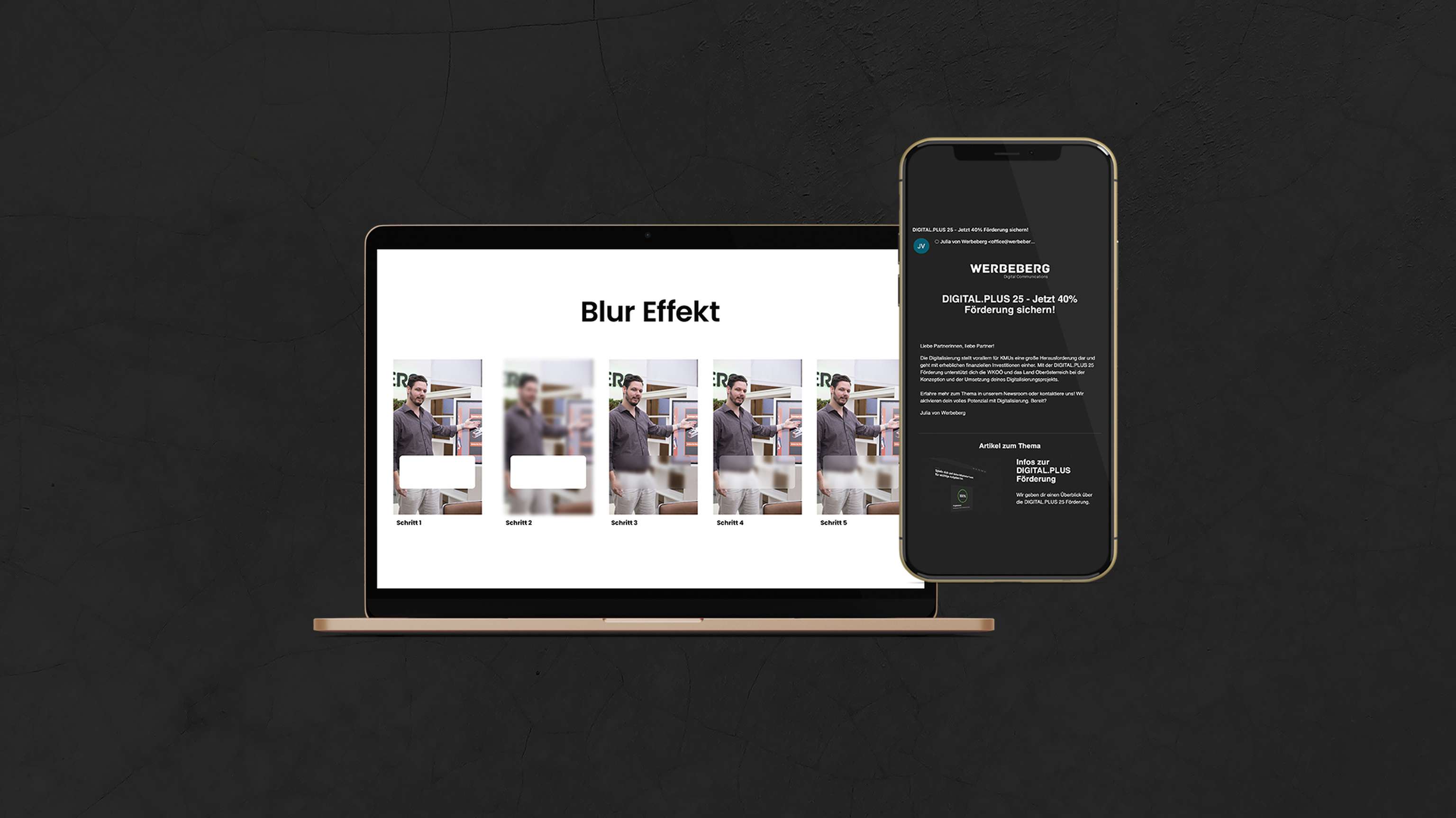 Ein Laptop zeigt wie eine Glas Optik in Adobe Illustrator erzielt werden kann und ein Handy zeigt einen Newsletter.