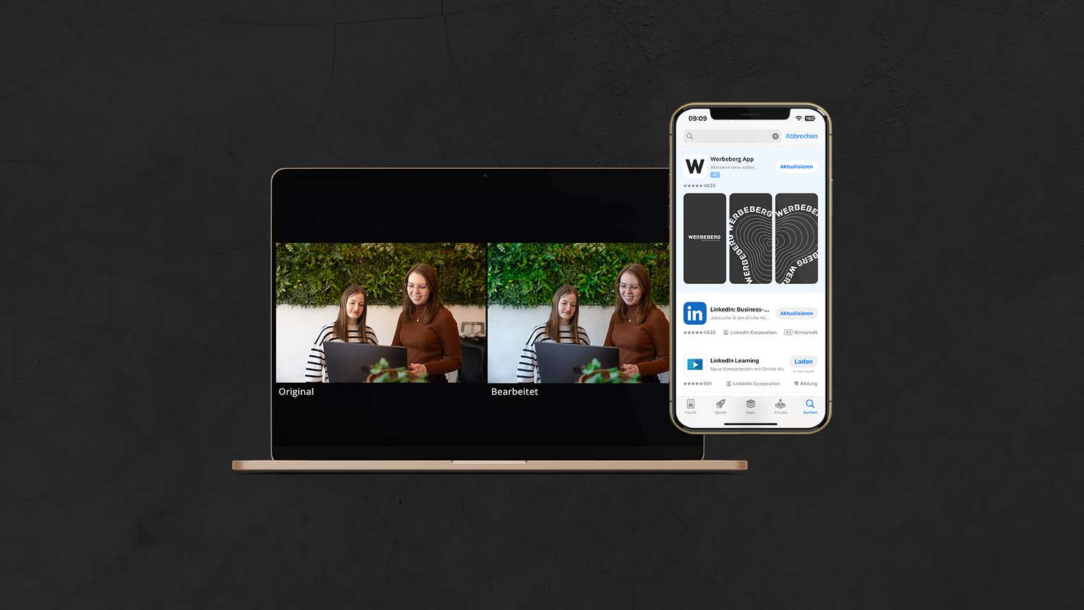 Mockup einer App Store Ad in den Suchergebnissen und ein Beispiel für die Fotobearbeitung anhand des Original und dem nachbearbeiteten Bild.