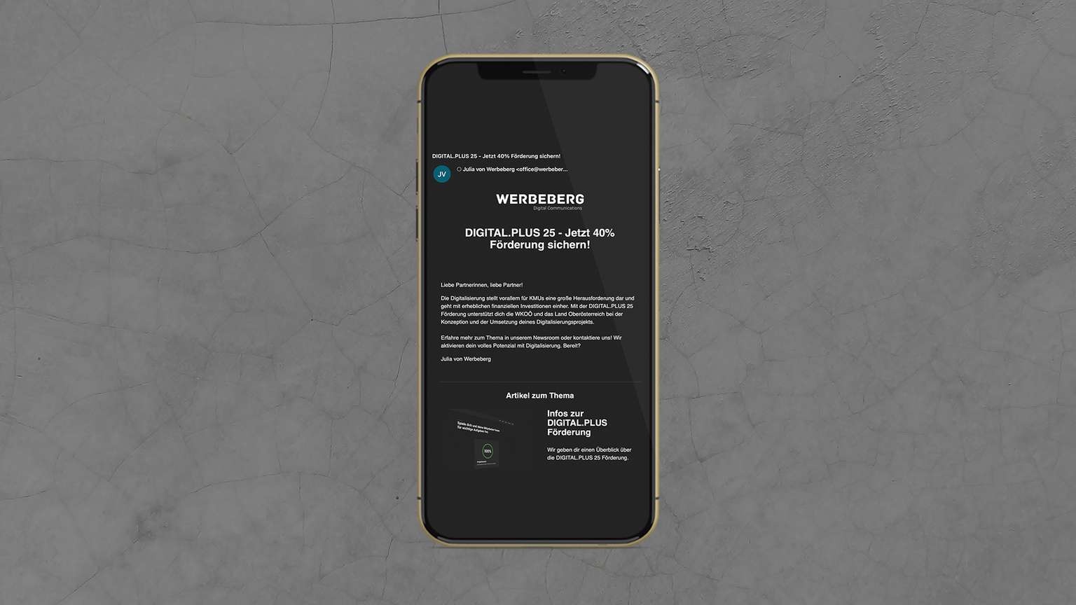 Ein Handy zeigt den Newsletter von Werbeberg.