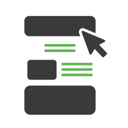 Symbol für Benutzeroberfläche mit Rechtecken und Pfeil, die auf verschiedene Bausteine hinweisen; grüne Linien repräsentieren Text.