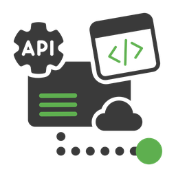 Diagramm mit API-Zahnrad, Code-Symbol, Wolke und grünem Punkt, dargestellt in Schwarz und Grün.