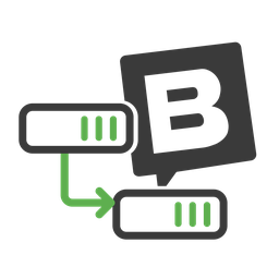 Schematische Darstellung einer Migration und einem Sprechblasensymbol mit einem großen "B", welches das Icon von Storyblok ist..