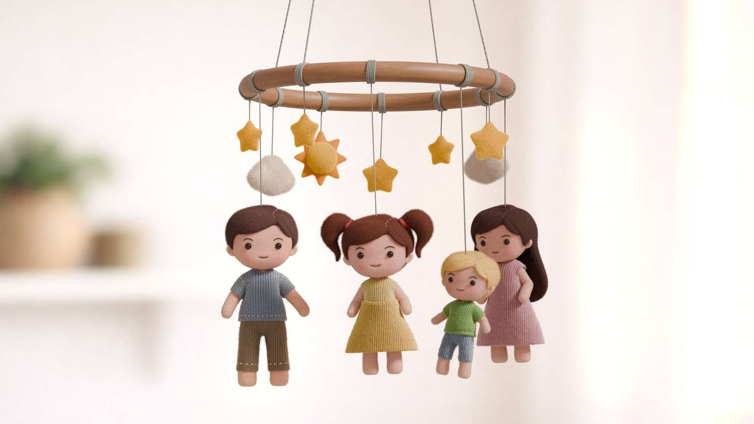 Fröhliches Filz-Mobile mit Familie, Sonne und Sternen in einem hellen Kinderzimmer