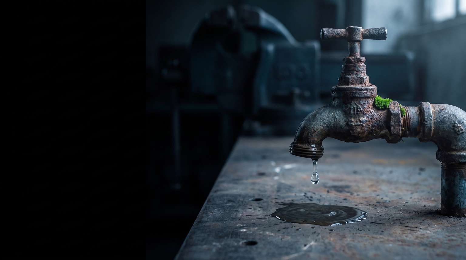Alter, tropfender Wasserhahn über einer Werkbank