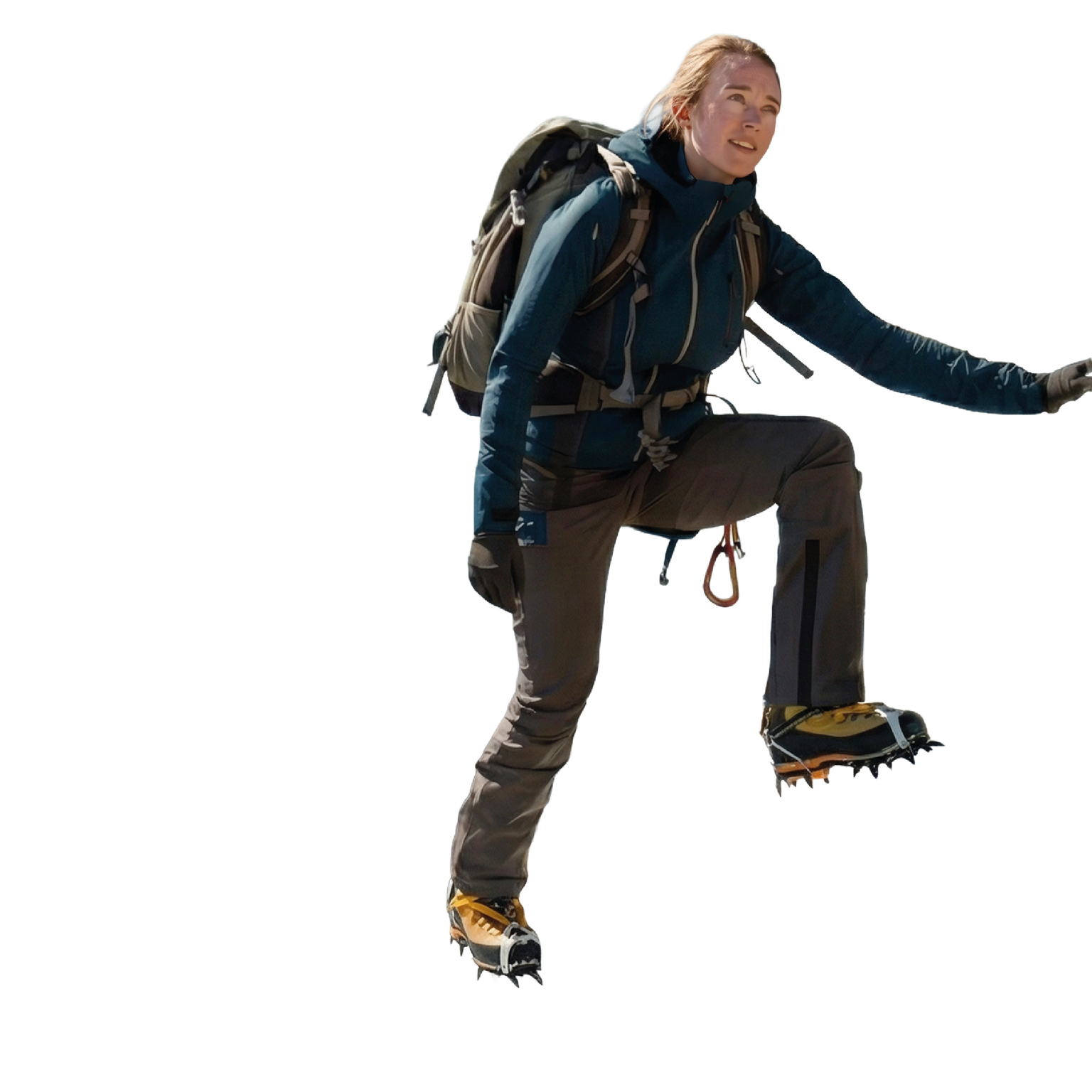 Eine Bergsteigerin klettert an einem Berg hoch mit einer Berglandschaft im Hintergrund