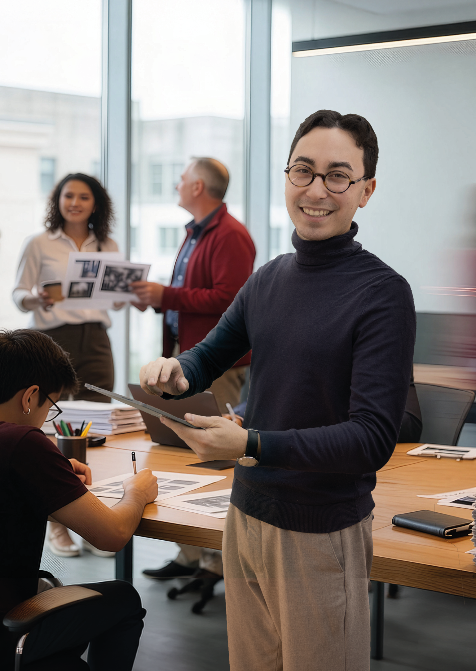Das Bild zeigt eine geschäftige Redaktion im Hintergrund und einen lächelnden Redakteur im Vordergrund