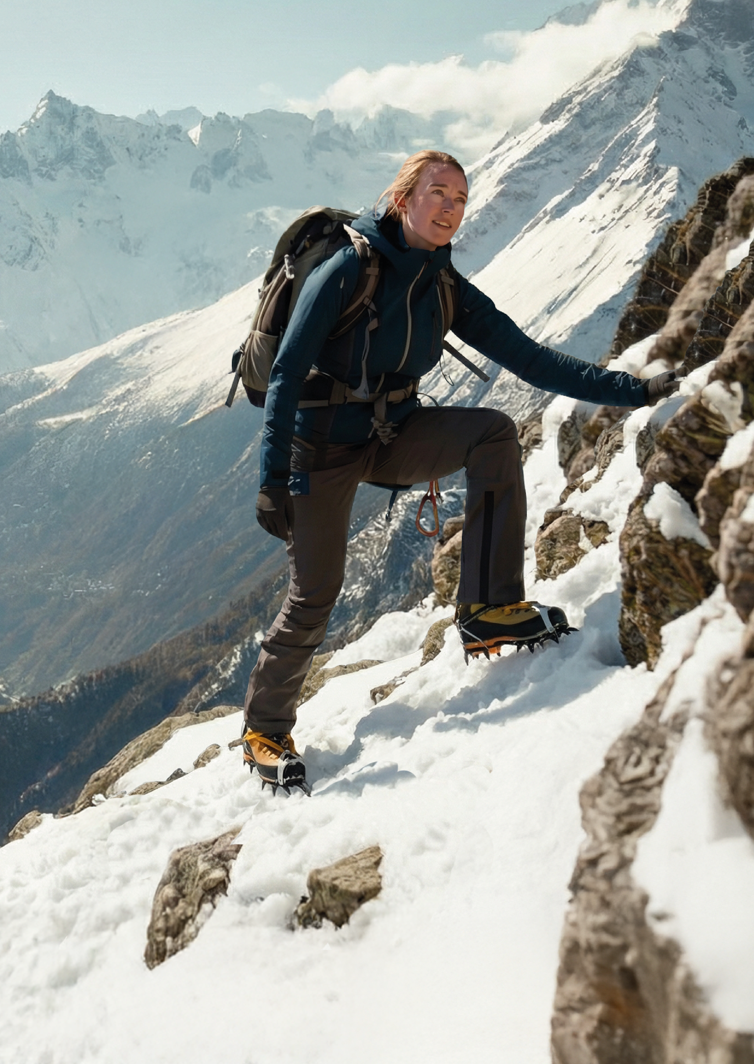 Eine Bergsteigerin klettert an einem Berg hoch mit einer Berglandschaft im Hintergrund