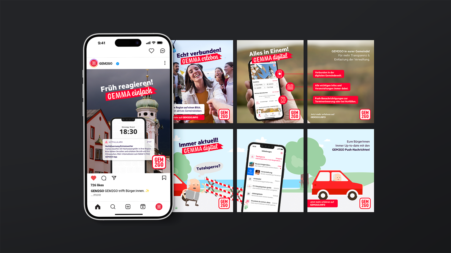 Mockup einiger organischer Social Media Beiträge unterstützend zur Paid Media Kampagne.