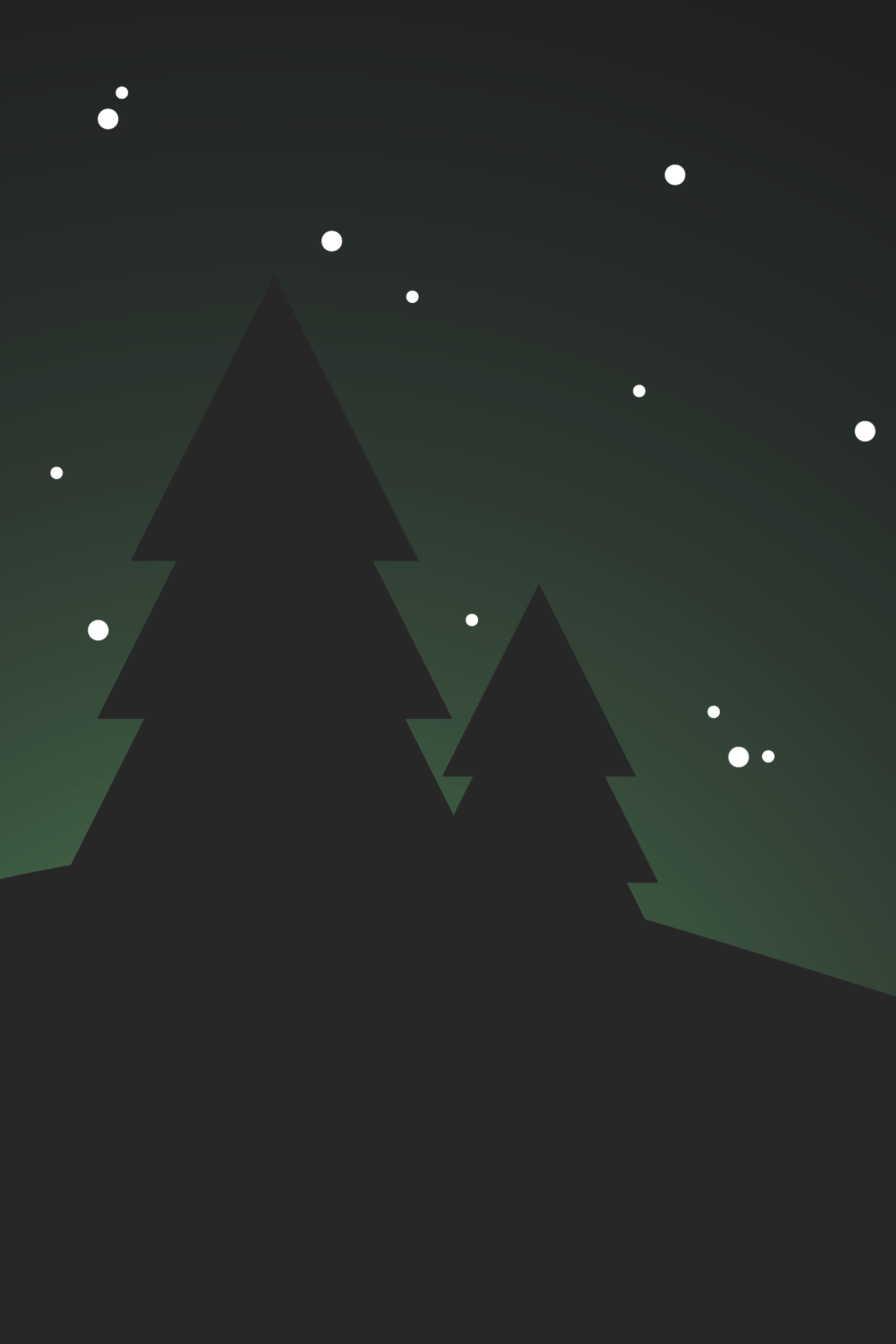 Dark minimalist Christmas scene: silhouetted pine trees, scattered stars and green glow with the text "Frohe Weihnachten."