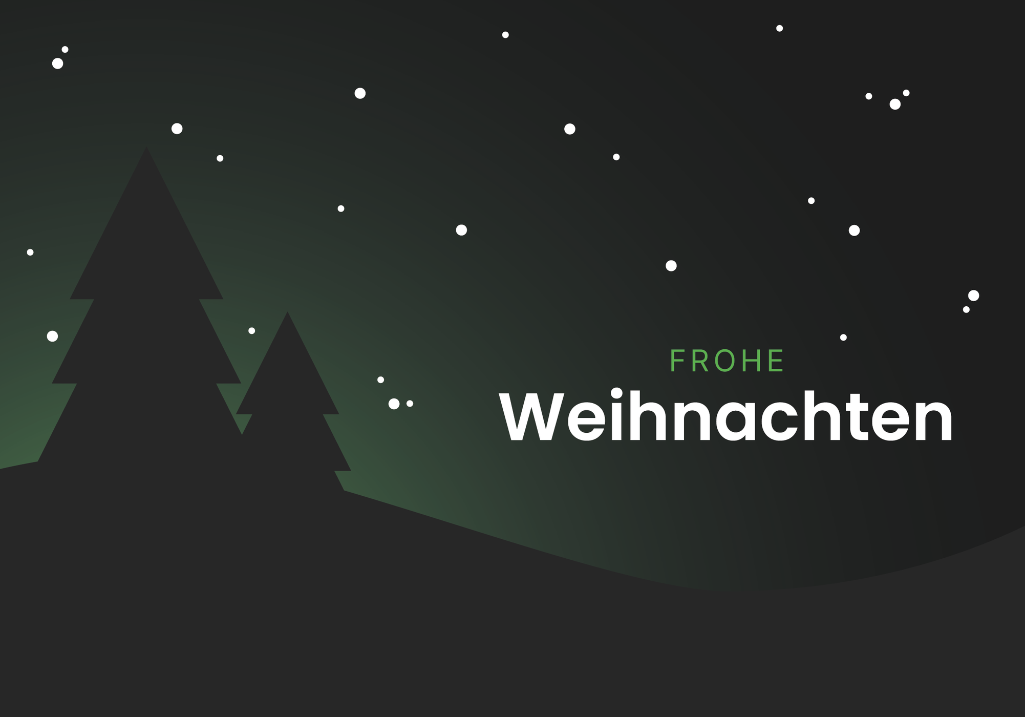 Dark minimalist Christmas scene: silhouetted pine trees, scattered stars and green glow with the text "Frohe Weihnachten."