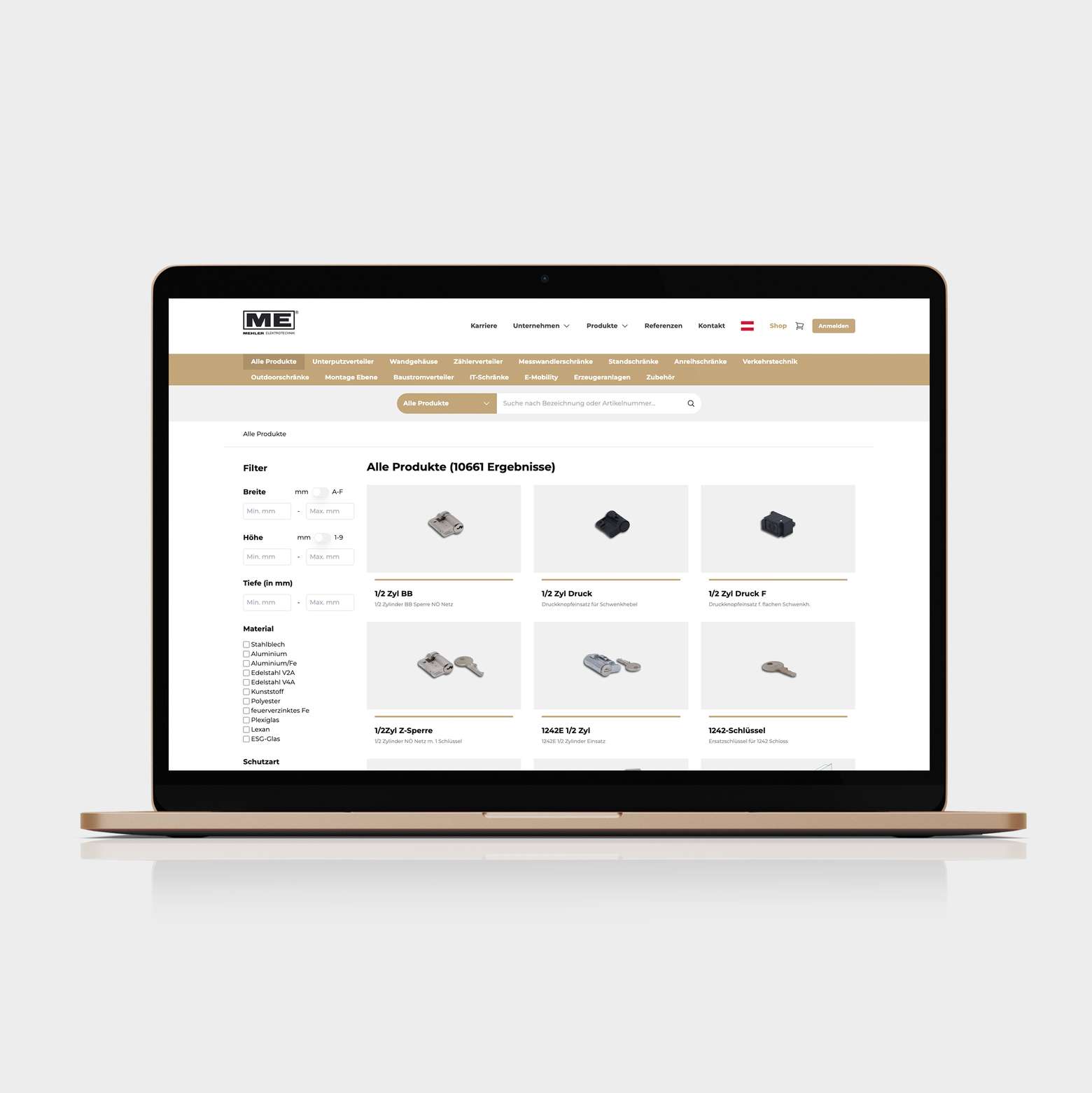 Ein Bildschirm zeigt den Webshop des Unternehmens Mehler Elektrotechnik.