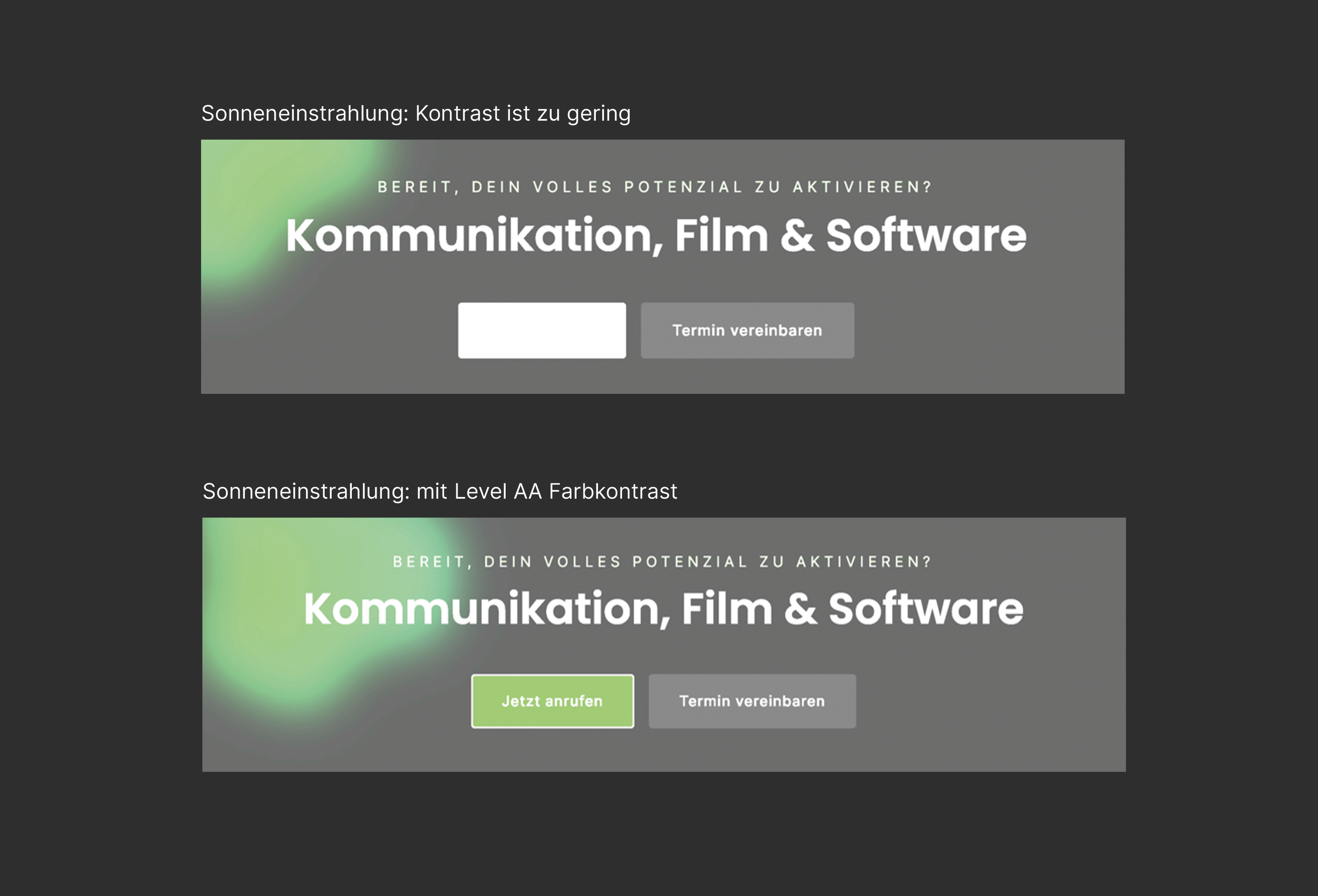 Vergleich mit Level AA Farbkontrast und ohne, bei Sonneneinstrahlung