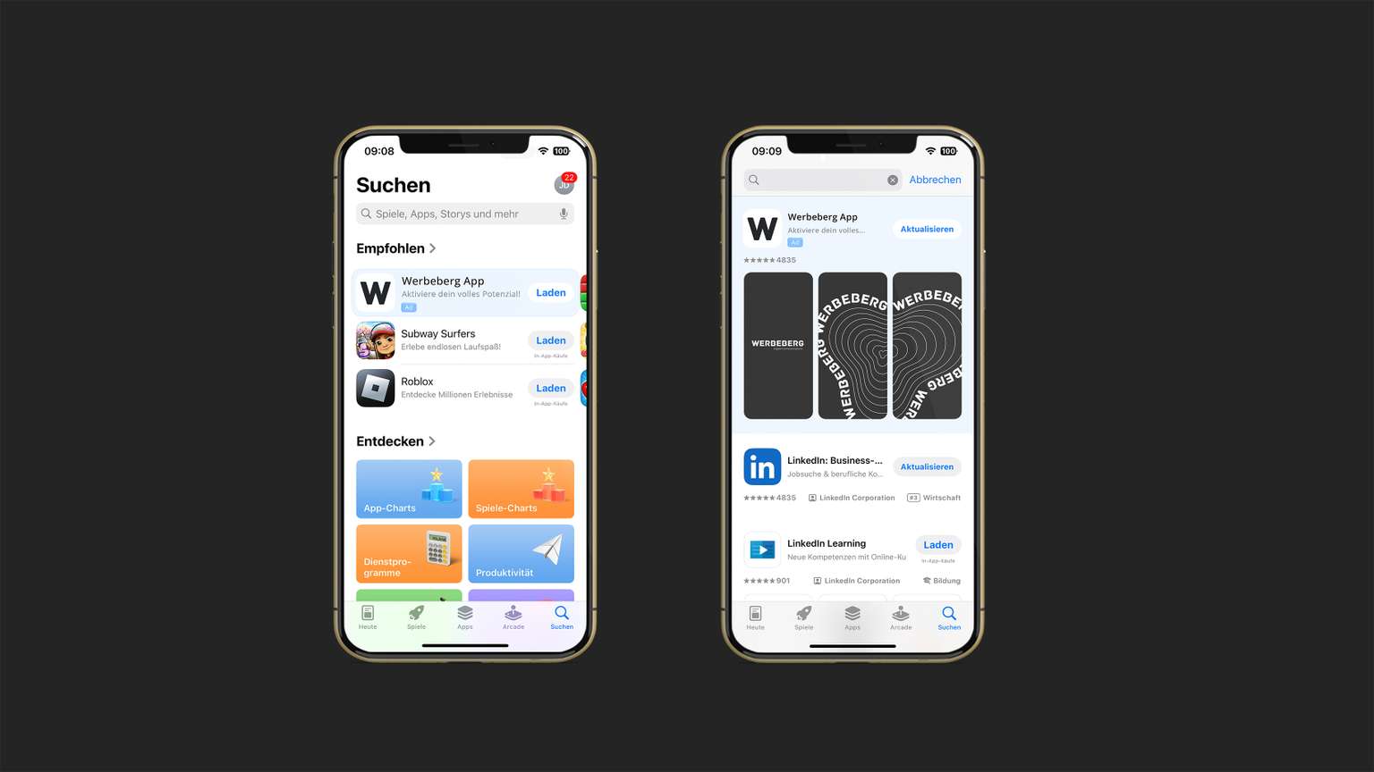Mockup der App Store Ad Platzierungen in dem Tab Suche und Suchergebnissen.
