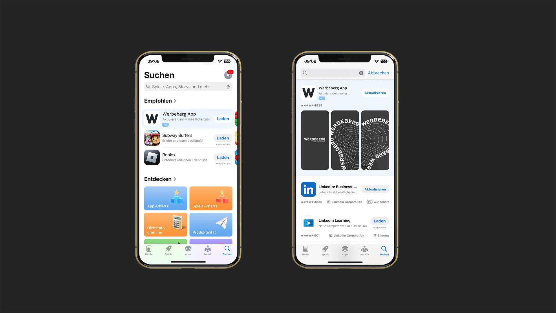 Mockup der App Store Ad Platzierungen in dem Tab Suche und Suchergebnissen.