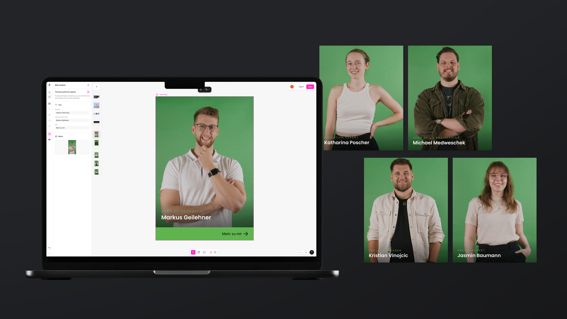 Mockup eines Laptops und Exportansichten der Designerstellung in Figma Buzz.