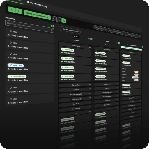 Eine Benutzeroberfläche, die die Redaktionstools der WB Publishing Solution zeigen