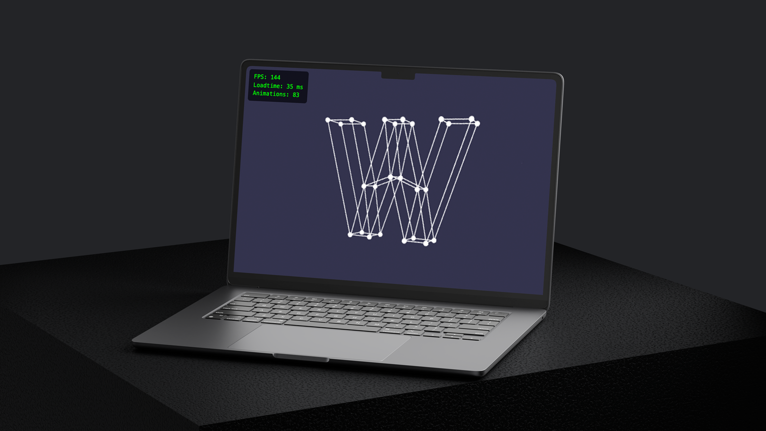 Mockup eines Laptops mit Leistungstest für die Webseiten-Integration eines 3D-Modells.