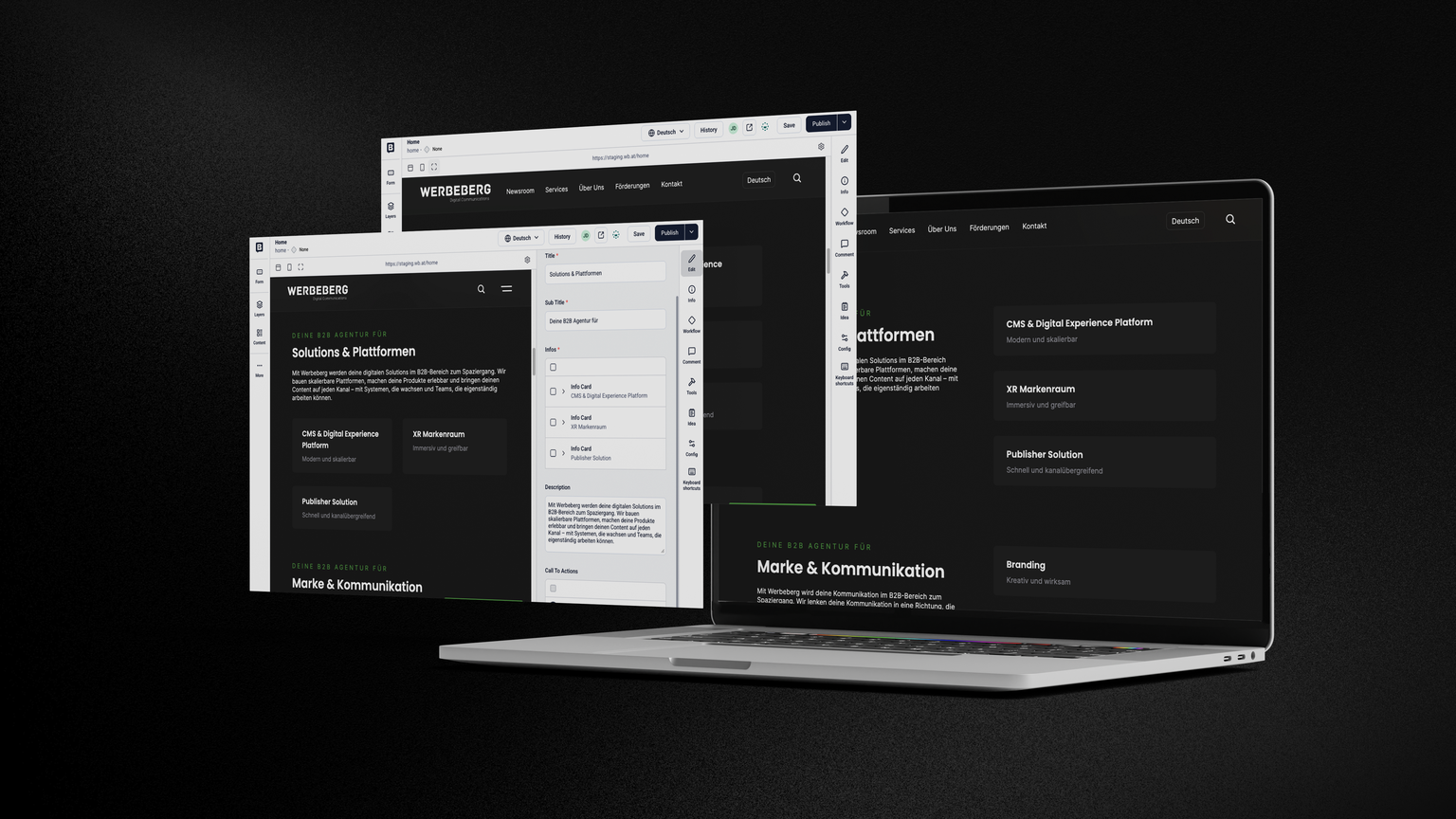 Mockup von drei Screens der Website Werbeberg mit Storyblok CMS.
