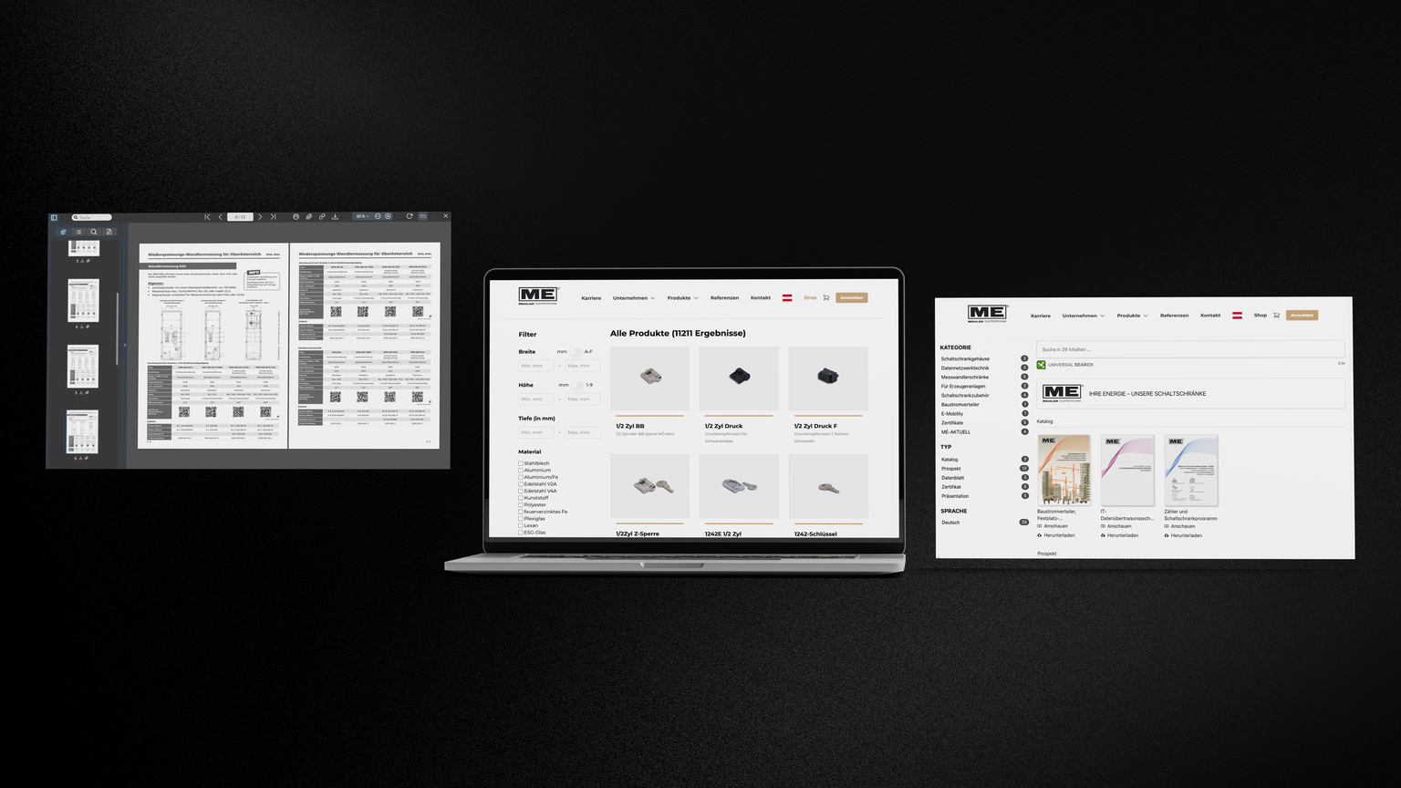 Ein Bildschirm zeigt ein Dokument, eine Produktliste und eine Webseite mit Produktfiltern.