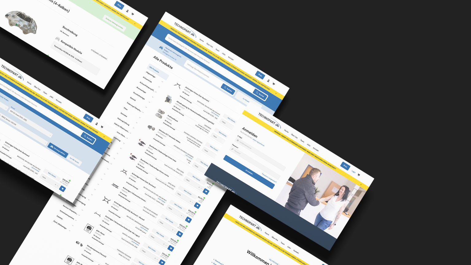 Verschiedene Bildschirmansichten einer Webseite mit Produkten, Suche und Anmeldebereich auf schwarzem Hintergrund.
