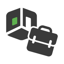 Symbol einer Aktentasche mit einem dreidimensionalen Würfel. Ein grünes Quadrat auf dem Würfel deutet auf eine digitale oder geschäftliche Anwendung hin.