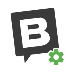 Ein stilisiertes "B" in einer schwarzen Sprechblase mit einem grünen Zahnrad in der unteren rechten Ecke.