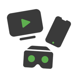 Symbole für Video-Streaming, Smartphone und VR-Brille in Schwarz mit grünen Elementen auf weißem Hintergrund.