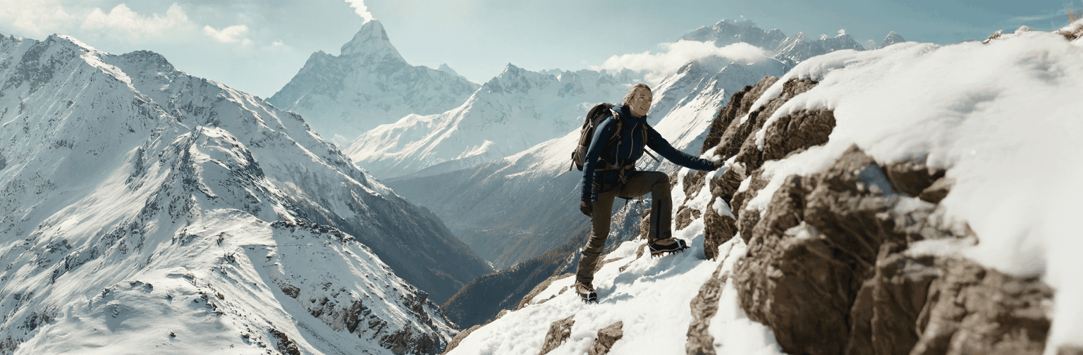 Bergsteigerin erklimmt Berggipfel im Schnee.