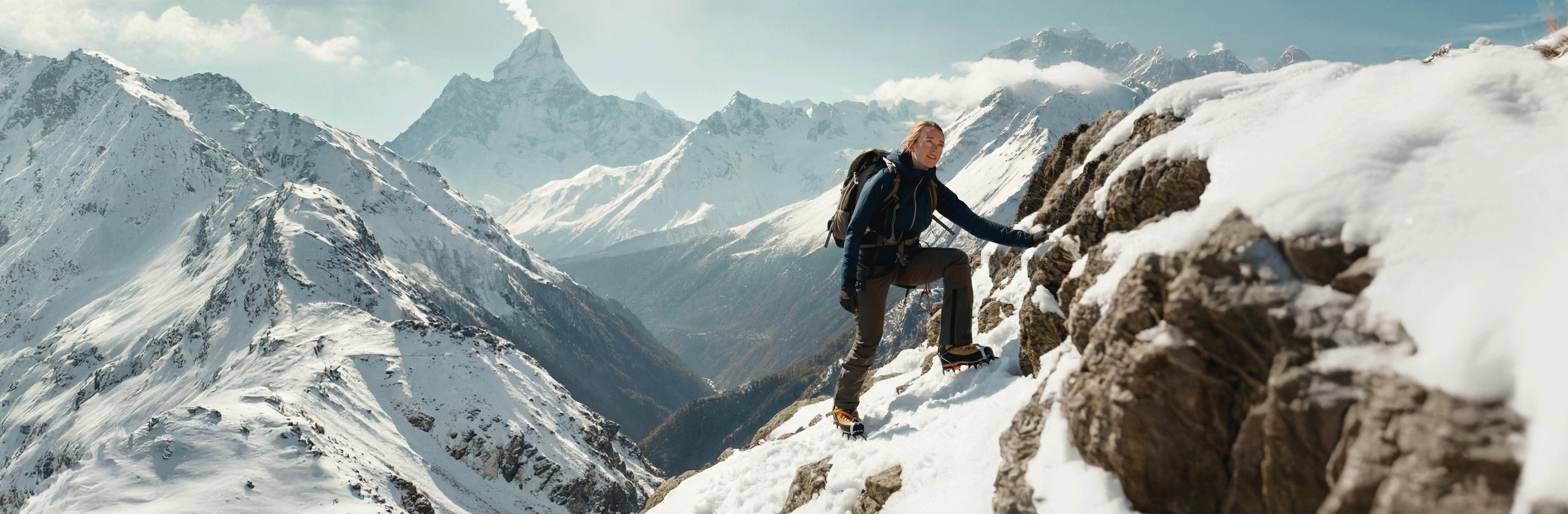 Bergsteigerin erklimmt Berggipfel im Schnee.