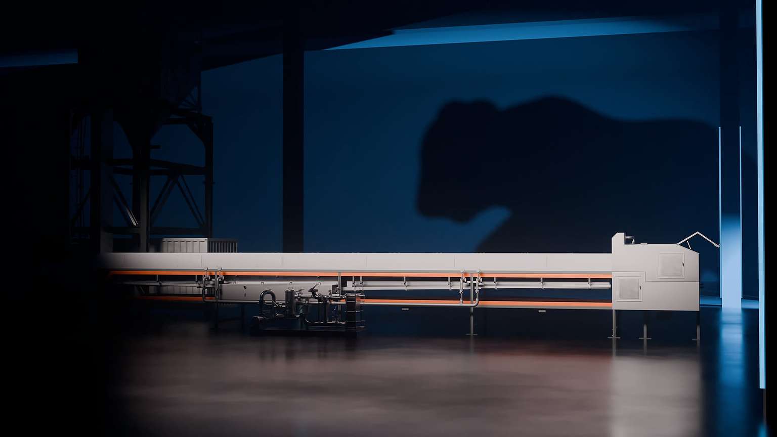 Komplette Stahlbandanlage in der Halle, dahinter der Schatten des Berndorf-Bären