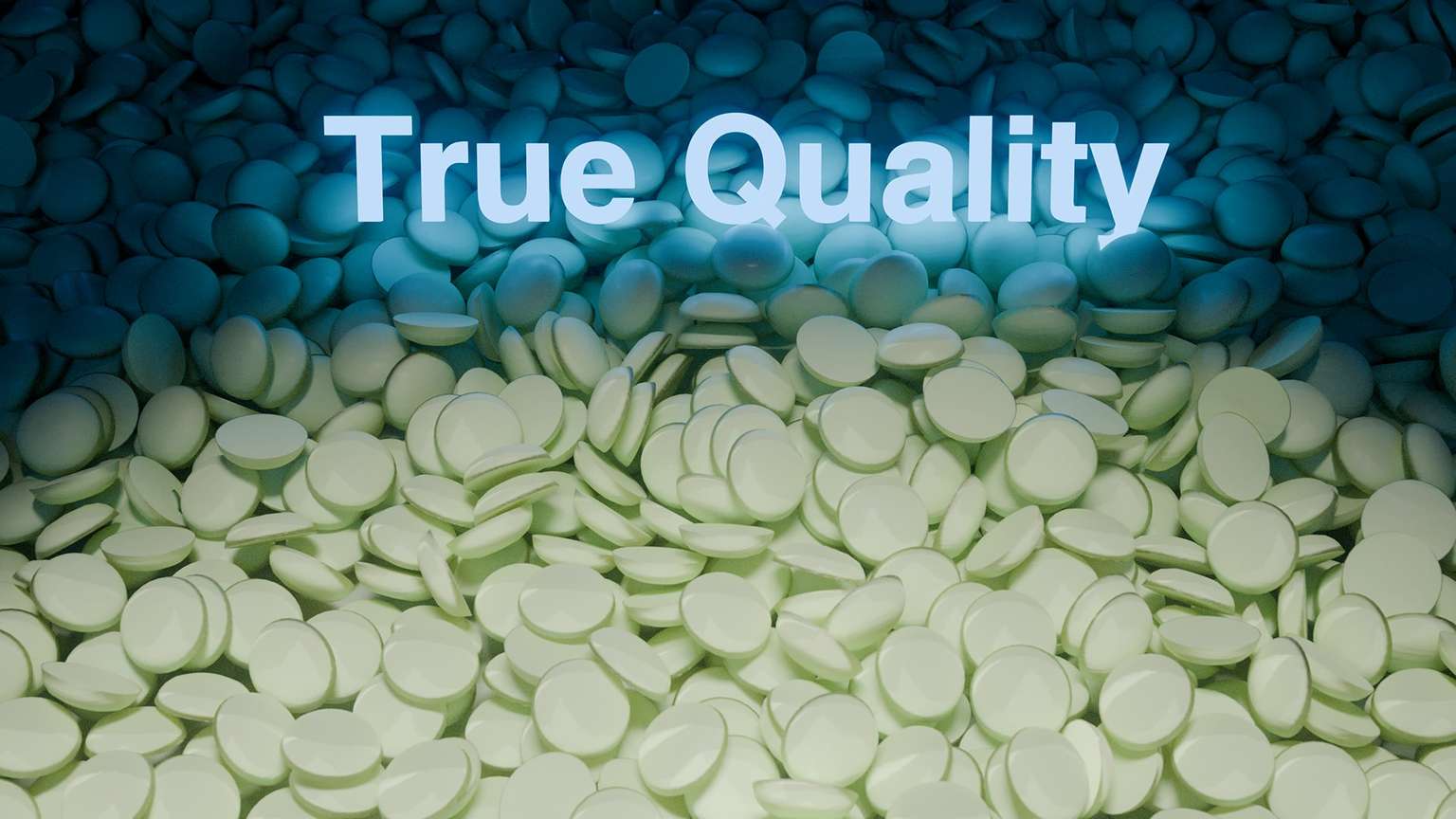 Pastillen als Endprodukt einer Stahlbandanlage mit Schriftzug „True Quality“
