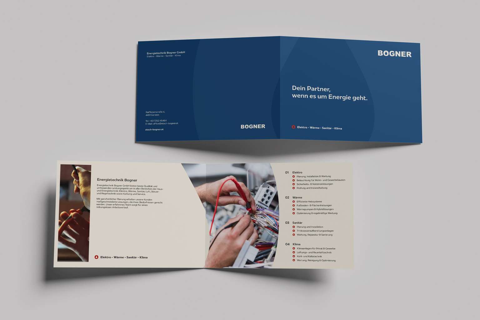 Folder von Energietechnik Bogner mit Leistungsübersicht Elektro, Wärme, Sanitär und Klima
