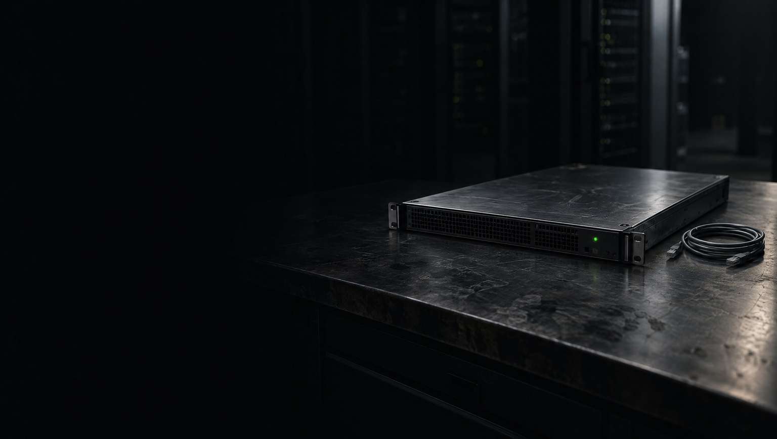 Geschlossenes Servermodul mit grüner Status-LED auf einer dunklen Werkbank in einem abgedunkelten Serverraum.