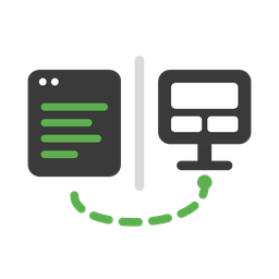 Symbol: Redaktionsfenster mit grünen Textzeilen und Website-Bildschirm, getrennt, verbunden über eine grüne gestrichelte Linie.