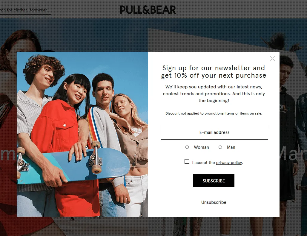 pull and bear's email popup