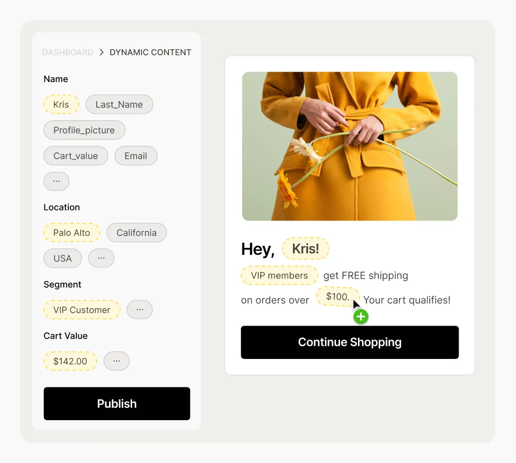 Dashboard interface displaying dynamic content customization, with a woman in a yellow coat holding a flower and shopping options.