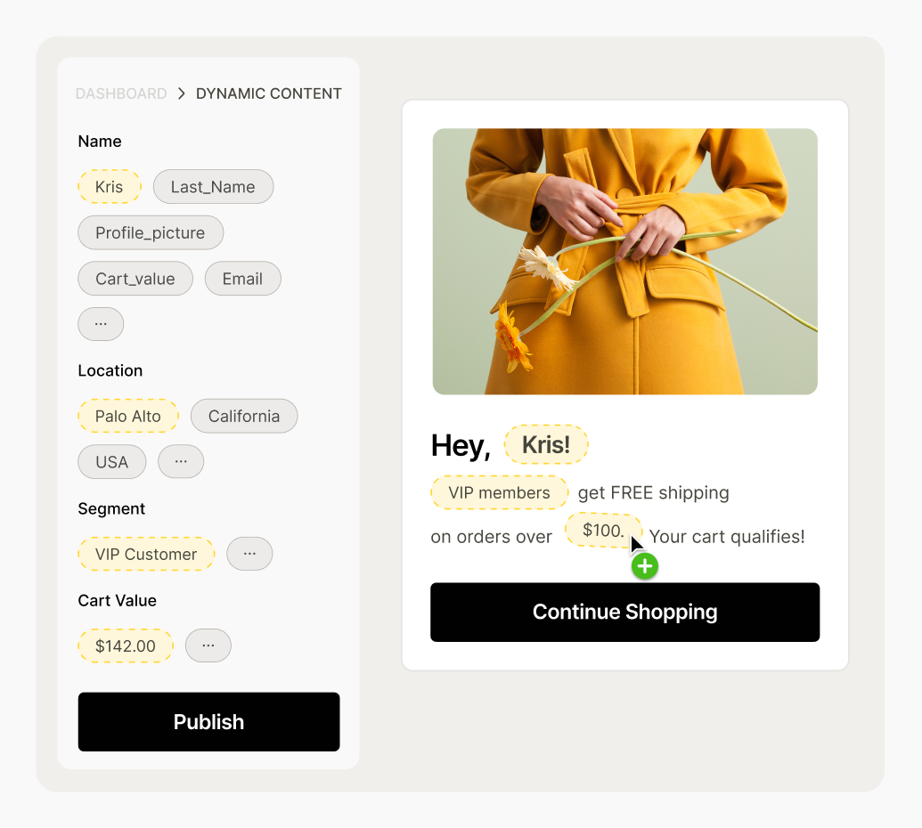 Dashboard interface displaying dynamic content customization, with a woman in a yellow coat holding a flower and shopping options.