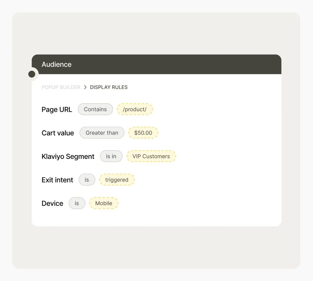 Screenshot of display rules showing criteria: Page URL contains "/product", Cart value over $50, VIP Customers, Exit intent triggered, Mobile device.