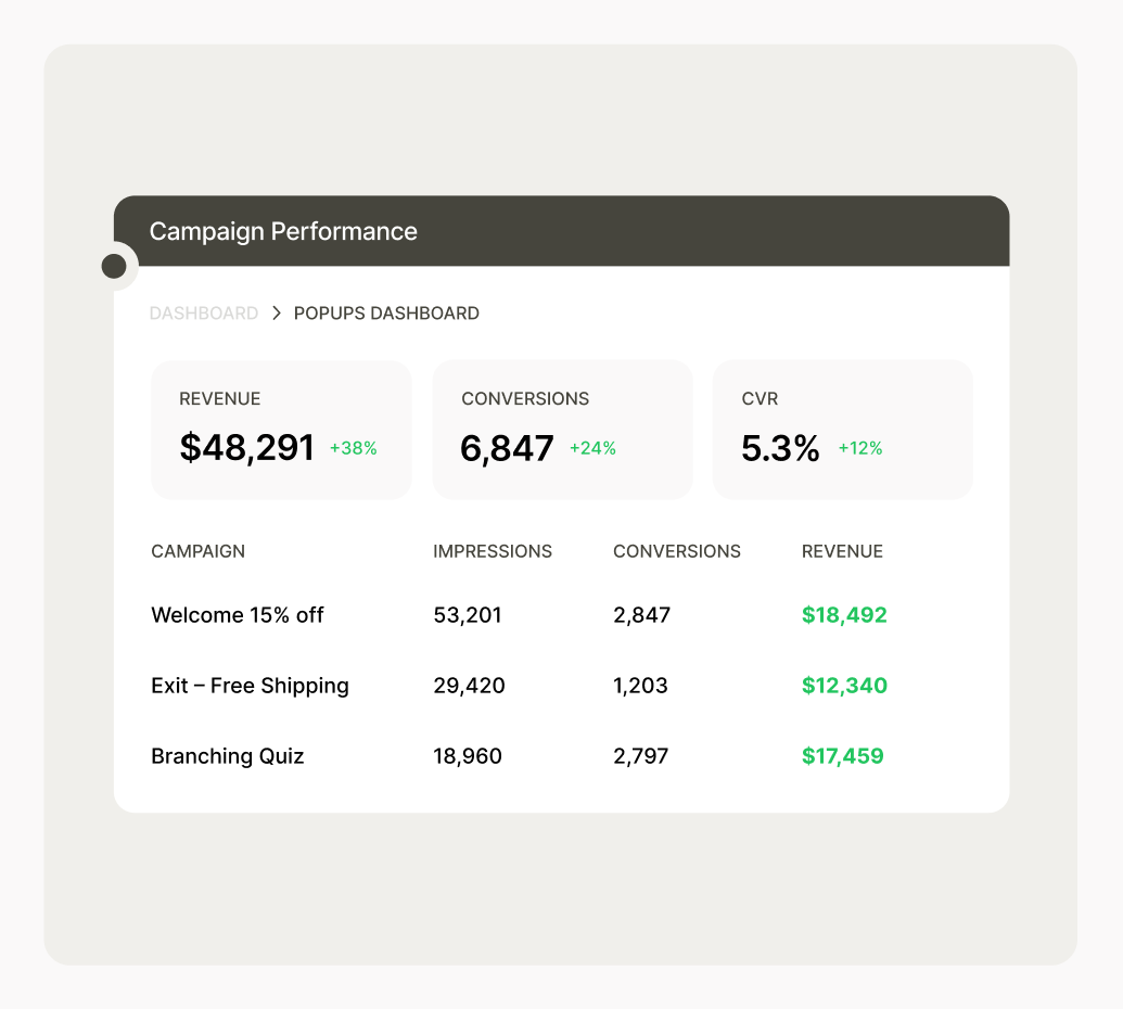 Dashboard showing campaign performance metrics: revenue $48,291, impressions 6,847, CVR 5.3%, with details for three campaigns.
