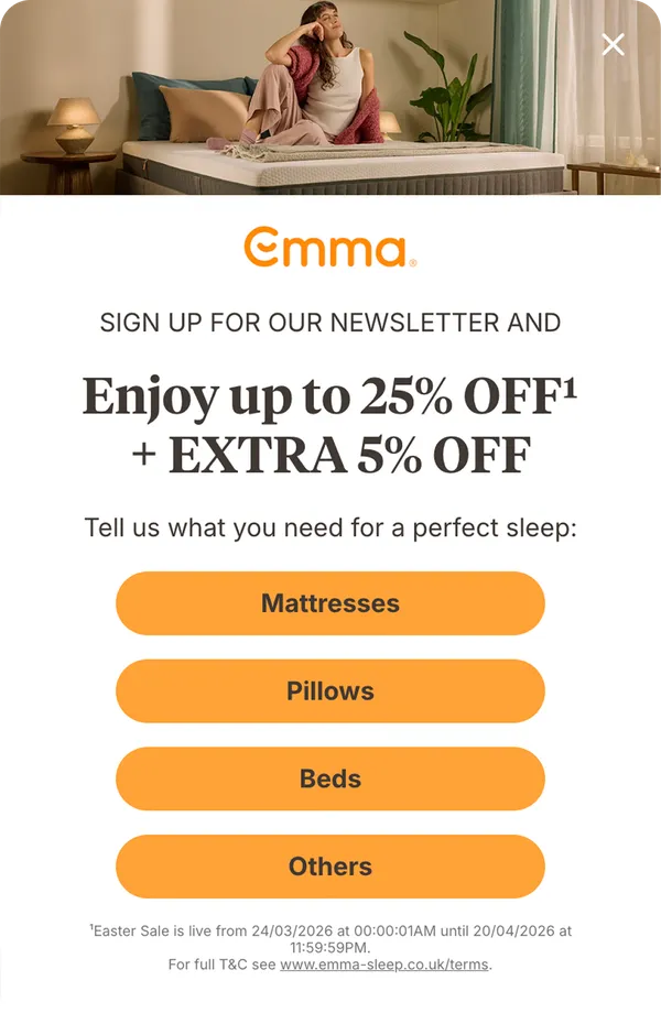 Emma Sleep multi-step popup with an interest selector before the email field