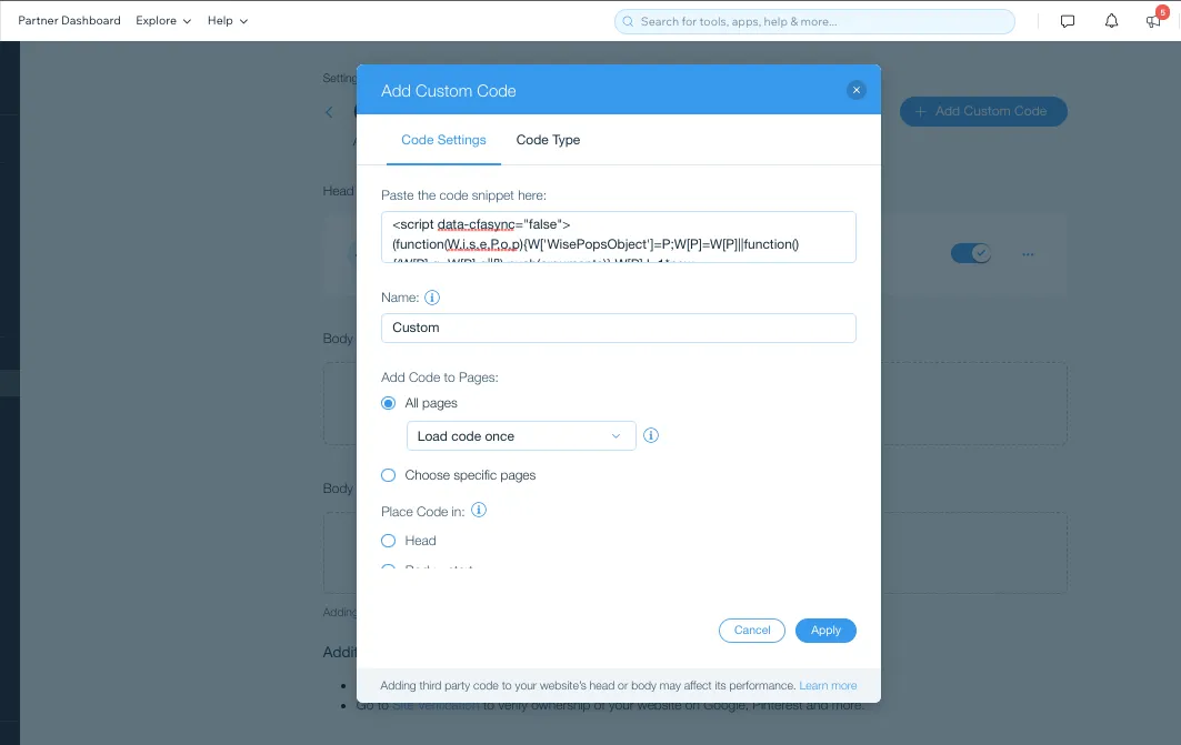 Wisepops custom code