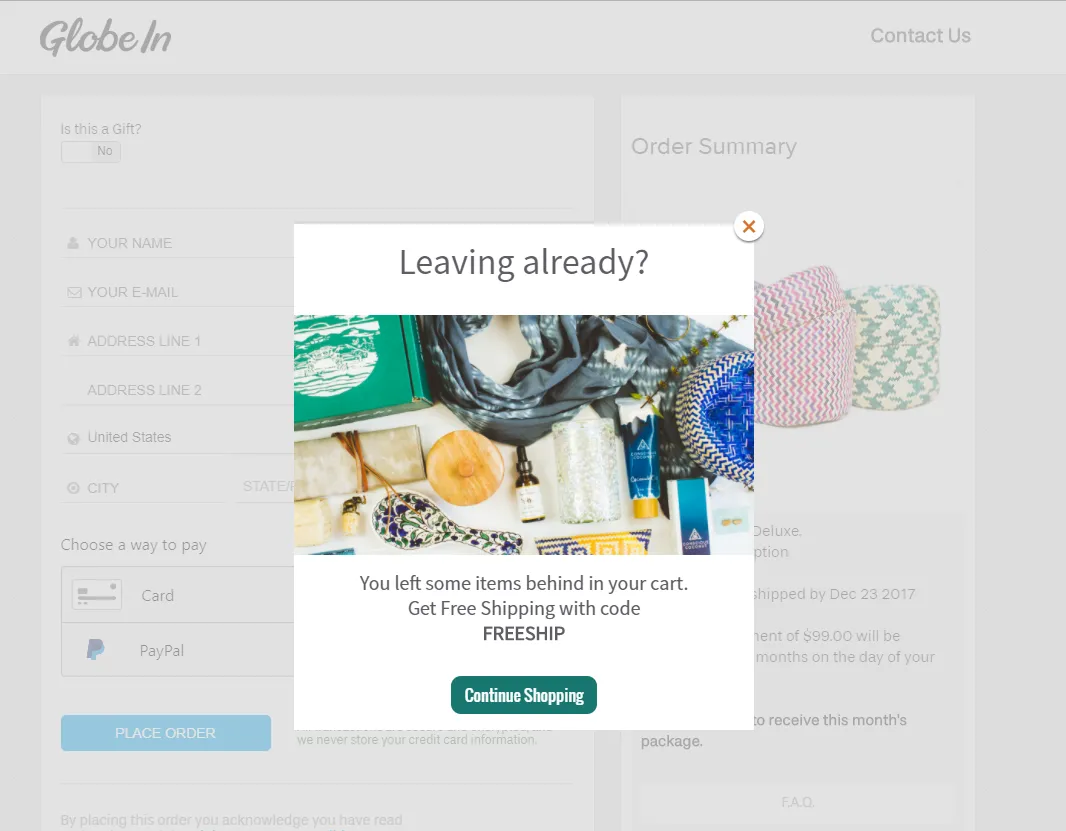 A cart abandonment pop-up on GlobeIn