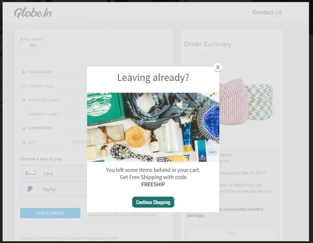 An exit popup displayed on Globe In's cart page